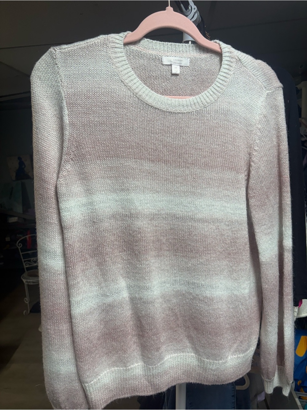 LC Lauren Conrad Pale Pink and Cream Striped Crewneck Sweater